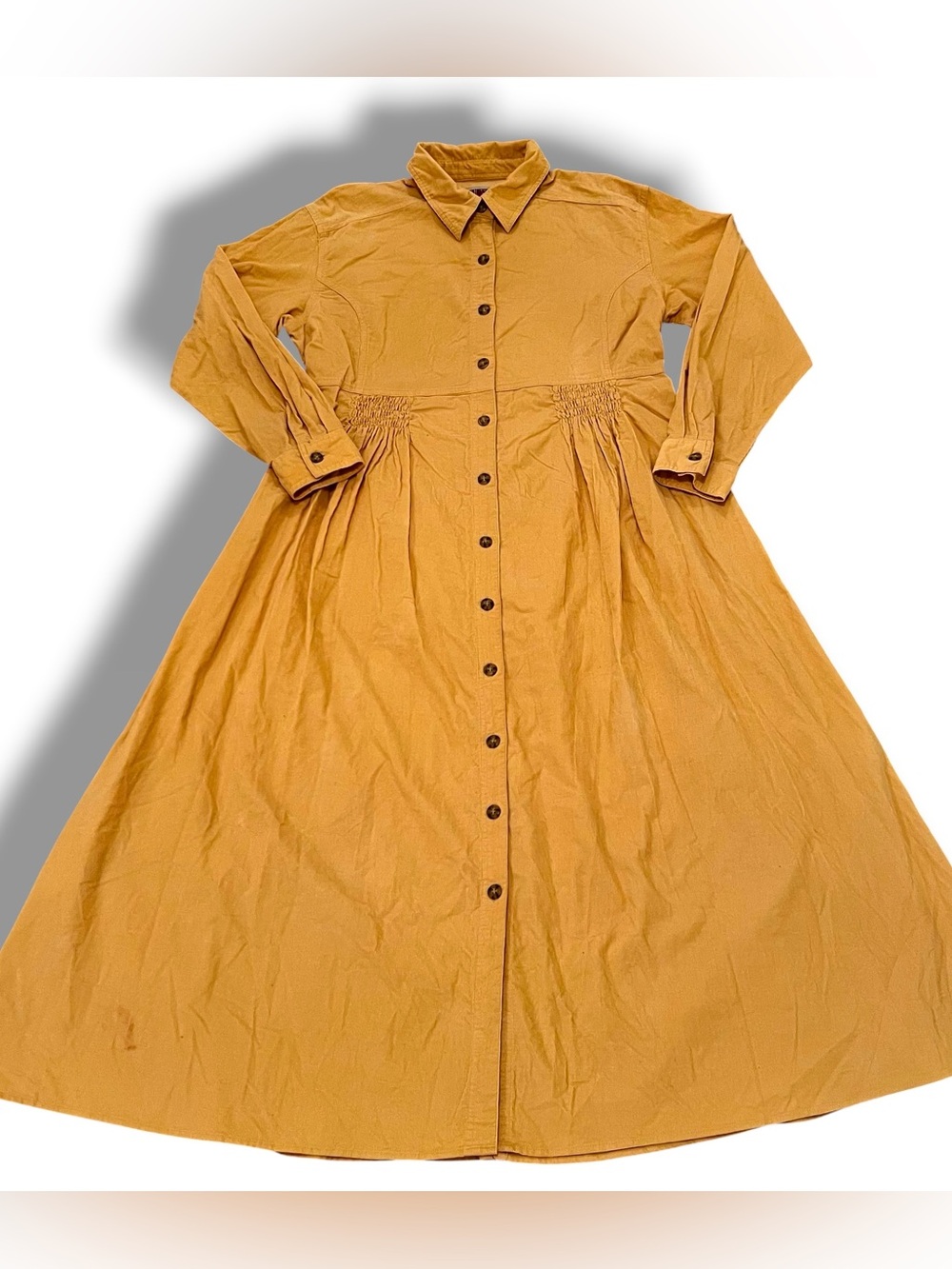Vtg Fads Corduroy Shirt Dress Long Sleeve Cottage Core Mustard Yellow Sz 14 F-1